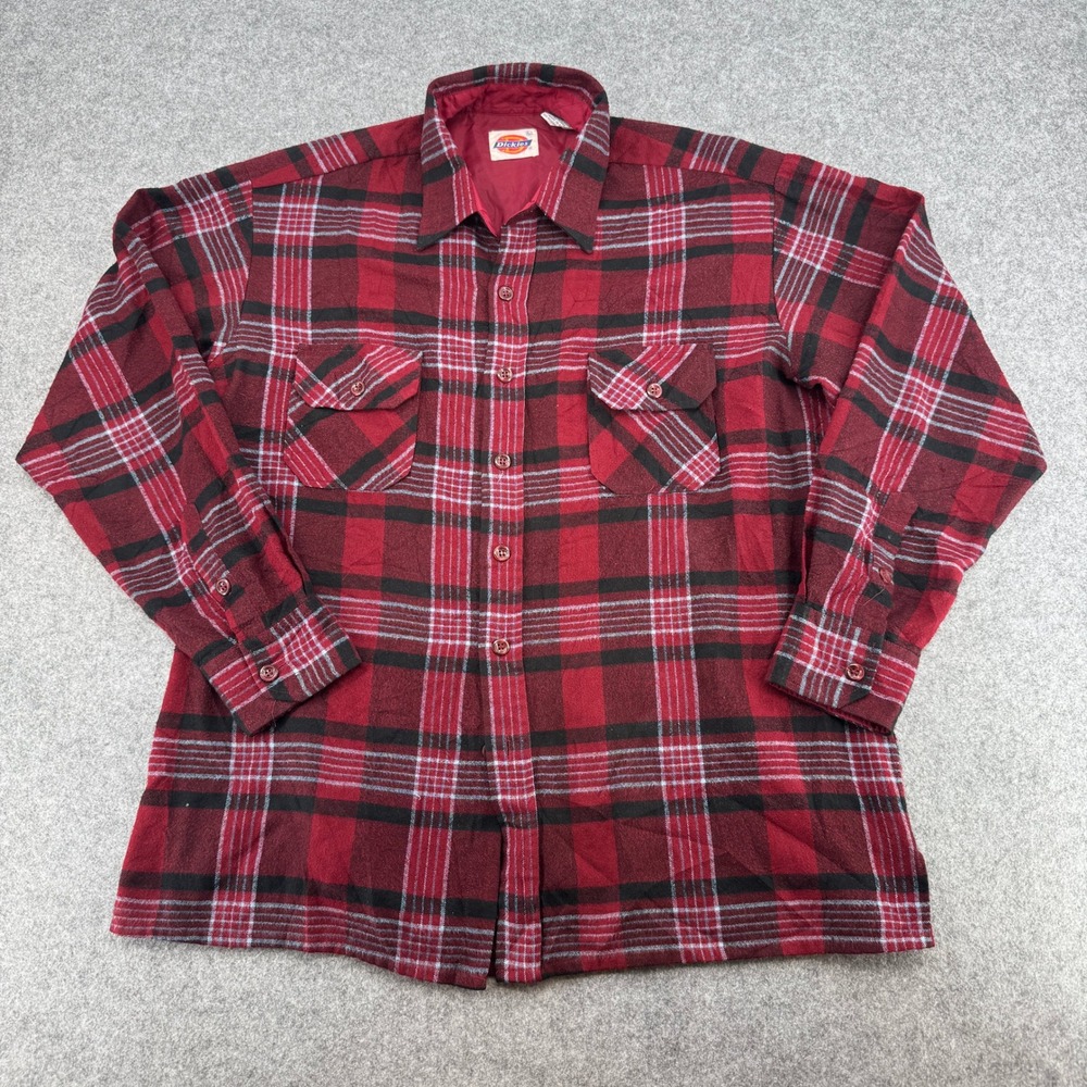 Dickies Flannel Shirt Mens L Quilted Lined Red Black Plaid Button Down EUC